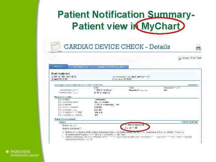 Patient Notification Summary. Patient view in My. Chart 