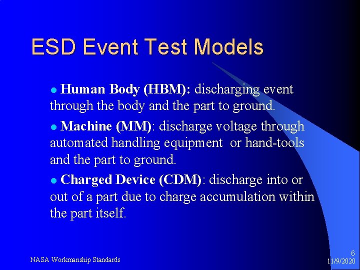 ESD Event Test Models Human Body (HBM): discharging event through the body and the
