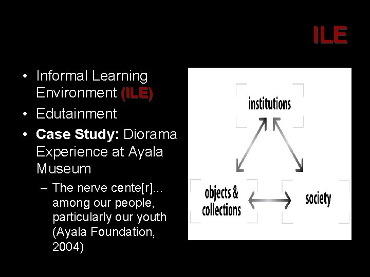 ILE • Informal Learning Environment (ILE) • Edutainment • Case Study: Diorama Experience at