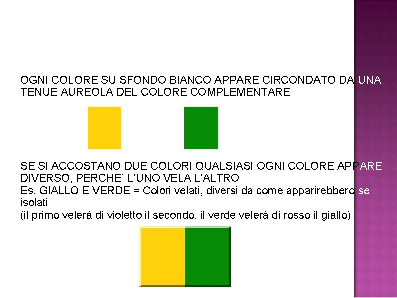 OGNI COLORE SU SFONDO BIANCO APPARE CIRCONDATO DA UNA TENUE AUREOLA DEL COLORE COMPLEMENTARE