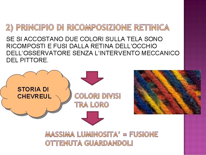 SE SI ACCOSTANO DUE COLORI SULLA TELA SONO RICOMPOSTI E FUSI DALLA RETINA DELL’OCCHIO
