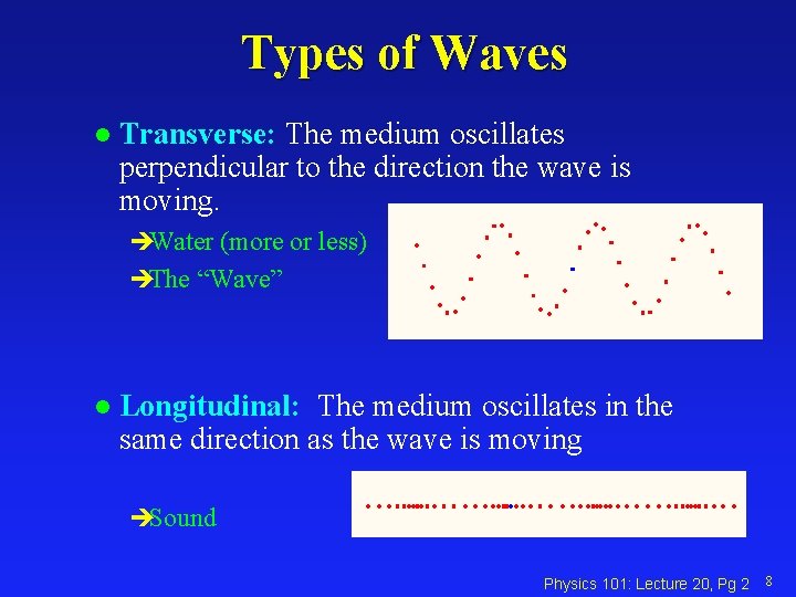 Types of Waves l Transverse: The medium oscillates perpendicular to the direction the wave