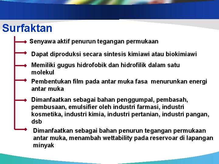 Surfaktan Senyawa aktif penurun tegangan permukaan Dapat diproduksi secara sintesis kimiawi atau biokimiawi Memiliki