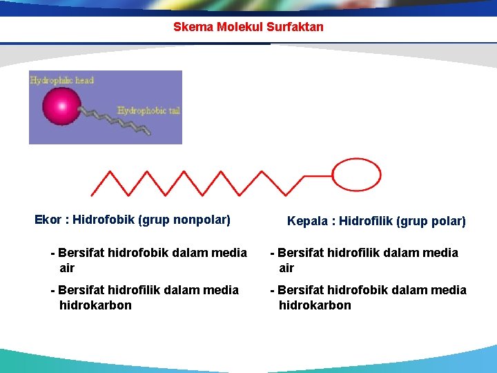 Skema Molekul Surfaktan Ekor : Hidrofobik (grup nonpolar) Kepala : Hidrofilik (grup polar) -