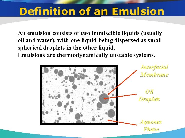 Definition of an Emulsion An emulsion consists of two immiscible liquids (usually oil and
