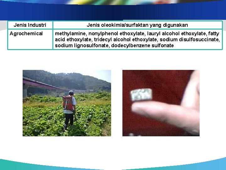 Jenis Industri Agrochemical Jenis oleokimia/surfaktan yang digunakan methylamine, nonylphenol ethoxylate, lauryl alcohol ethoxylate, fatty