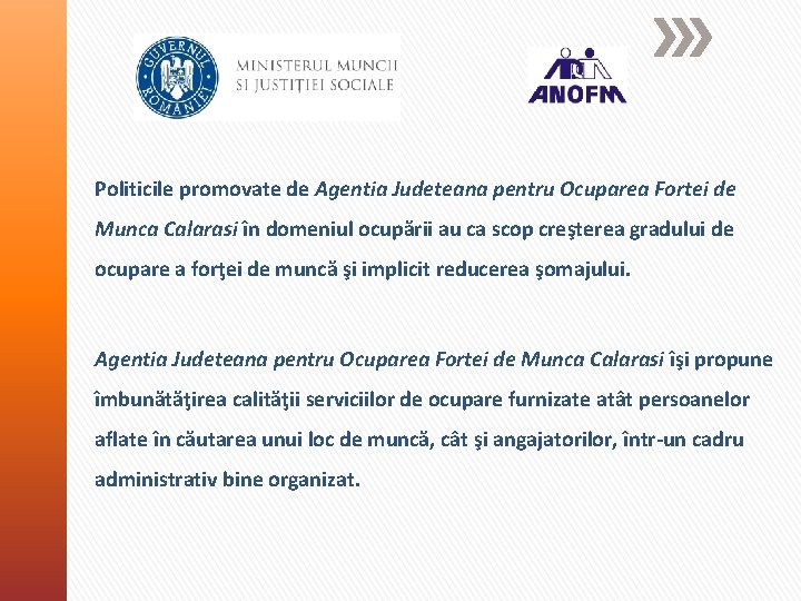 Politicile promovate de Agentia Judeteana pentru Ocuparea Fortei de Munca Calarasi în domeniul ocupării