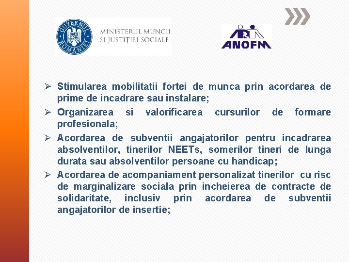 Ø Stimularea mobilitatii fortei de munca prin acordarea de prime de incadrare sau instalare;