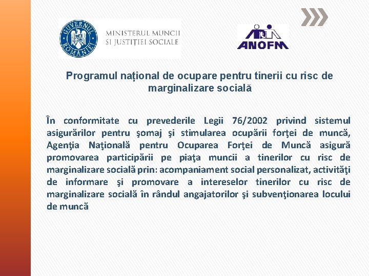 Programul național de ocupare pentru tinerii cu risc de marginalizare socială În conformitate cu