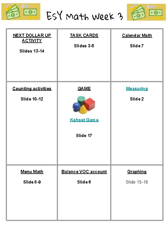 ESY Math Week 3 NEXT DOLLAR UP ACTIVITY TASK CARDS Calendar Math Slides 3