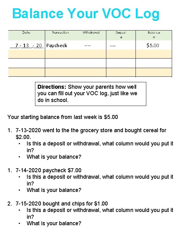 Balance Your VOC Log 7 13 20 Paycheck ---- $5. 00 Directions: Show your