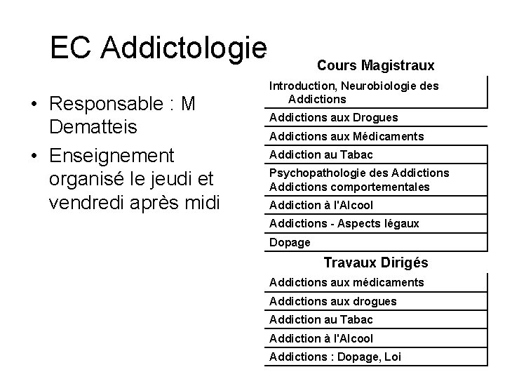 EC Addictologie • Responsable : M Dematteis • Enseignement organisé le jeudi et vendredi