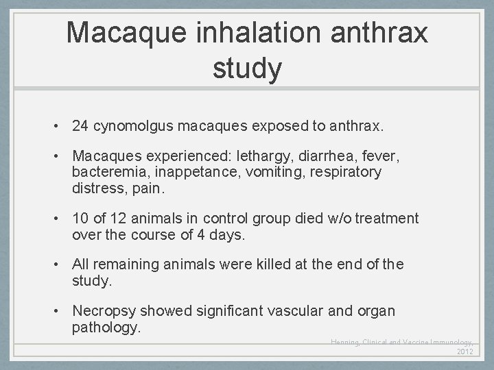 Macaque inhalation anthrax study • 24 cynomolgus macaques exposed to anthrax. • Macaques experienced: