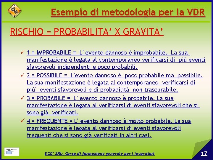 Esempio di metodologia per la VDR RISCHIO = PROBABILITA’ X GRAVITA’ 1 = IMPROBABILE