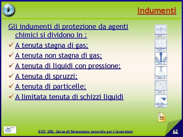 Indumenti Gli indumenti di protezione da agenti chimici si dividono in : A tenuta