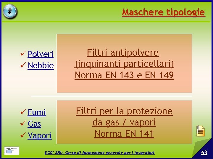 Maschere tipologie © EPC srl Polveri Nebbie Filtri antipolvere (inquinanti particellari) Norma EN 143