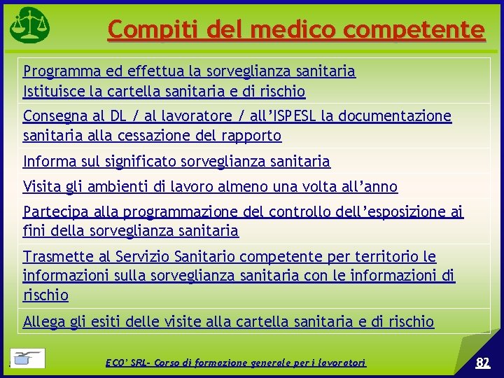 Compiti del medico competente Programma ed effettua la sorveglianza sanitaria Istituisce la cartella sanitaria