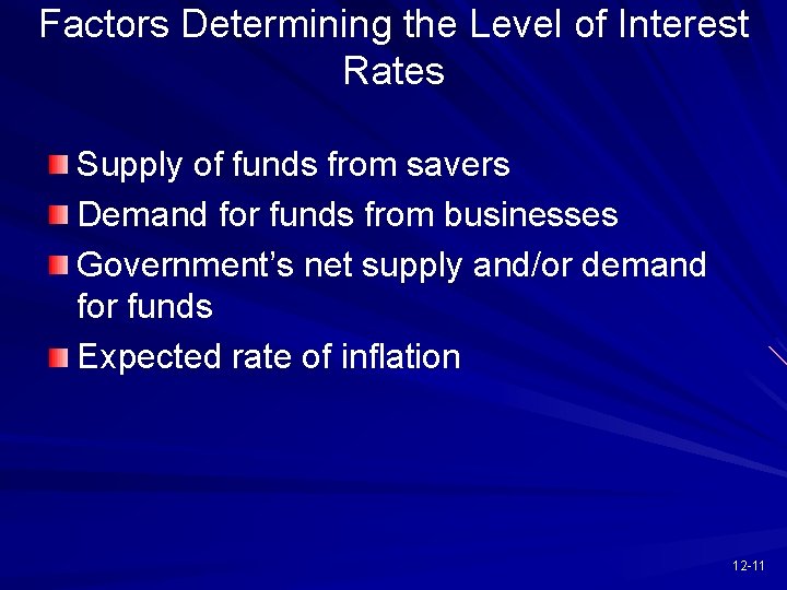 Factors Determining the Level of Interest Rates Supply of funds from savers Demand for