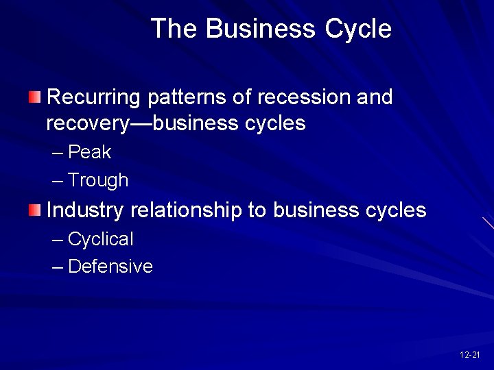 The Business Cycle Recurring patterns of recession and recovery—business cycles – Peak – Trough