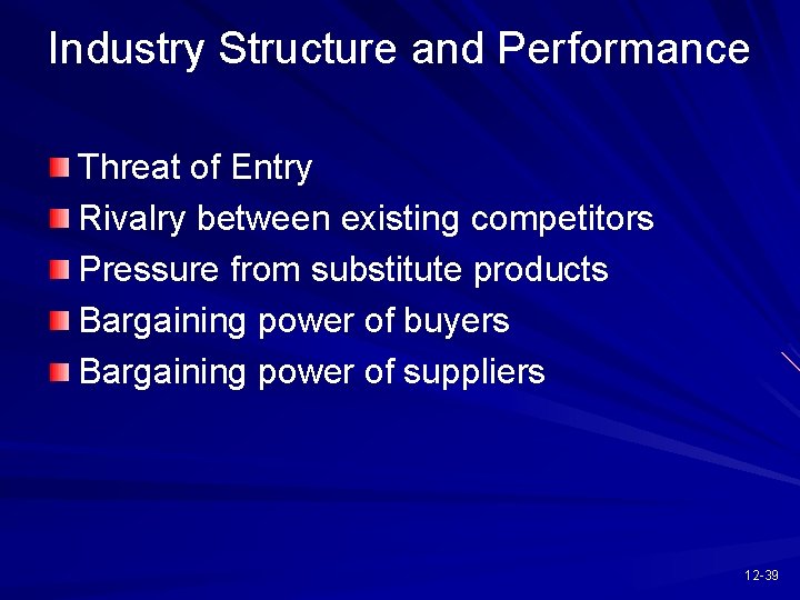 Industry Structure and Performance Threat of Entry Rivalry between existing competitors Pressure from substitute