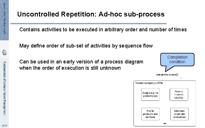 Uncontrolled Repetition: Ad-hoc sub-process Contains activities to be executed in arbitrary order and number