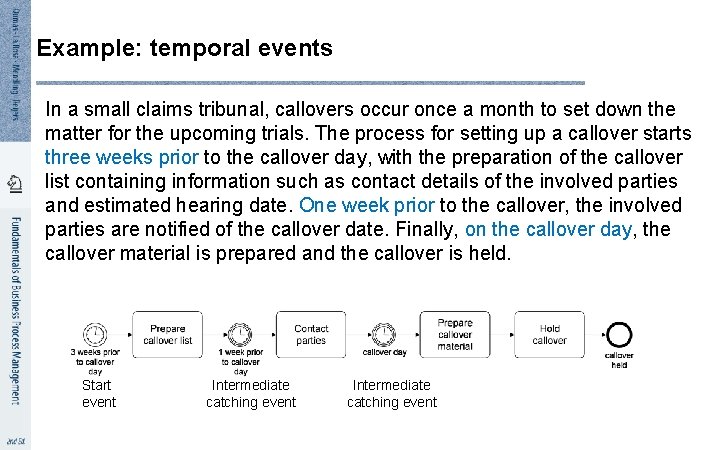 Example: temporal events In a small claims tribunal, callovers occur once a month to