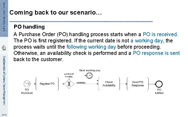 Coming back to our scenario… PO handling A Purchase Order (PO) handling process starts