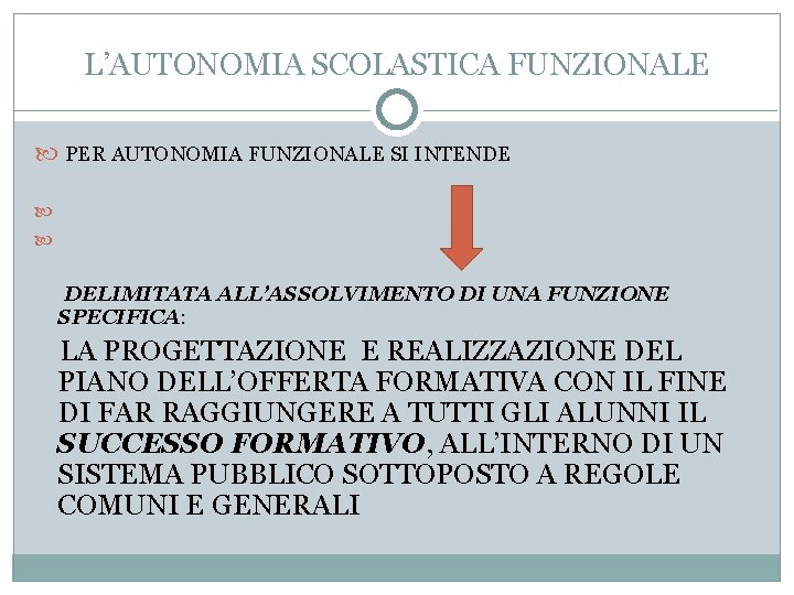 L’AUTONOMIA SCOLASTICA FUNZIONALE PER AUTONOMIA FUNZIONALE SI INTENDE DELIMITATA ALL’ASSOLVIMENTO DI UNA FUNZIONE SPECIFICA: