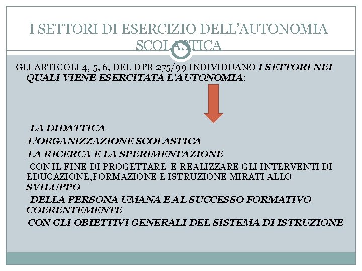 I SETTORI DI ESERCIZIO DELL’AUTONOMIA SCOLASTICA GLI ARTICOLI 4, 5, 6, DEL DPR 275/99
