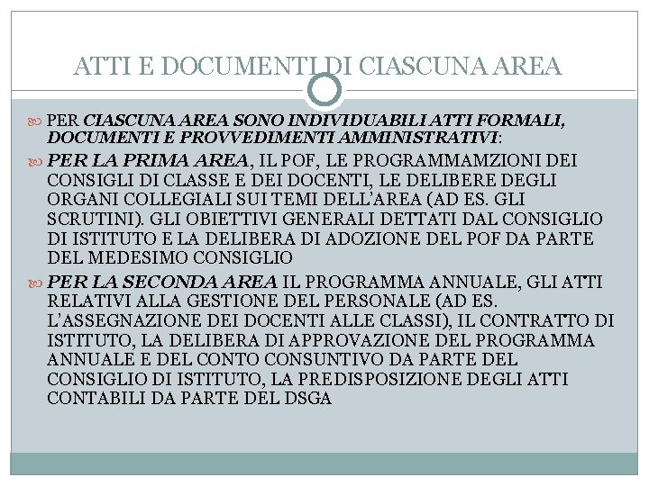 ATTI E DOCUMENTI DI CIASCUNA AREA PER CIASCUNA AREA SONO INDIVIDUABILI ATTI FORMALI, DOCUMENTI