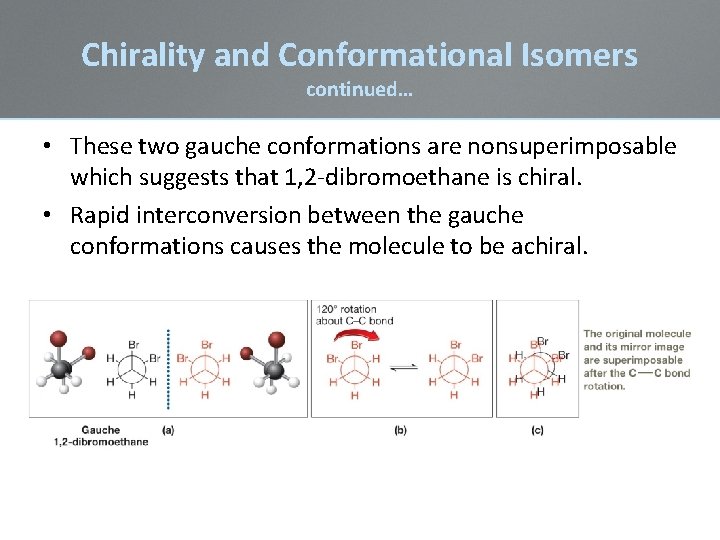 Chirality and Conformational Isomers continued… • These two gauche conformations are nonsuperimposable which suggests Chirality and Conformational Isomers continued… • These two gauche conformations are nonsuperimposable which suggests