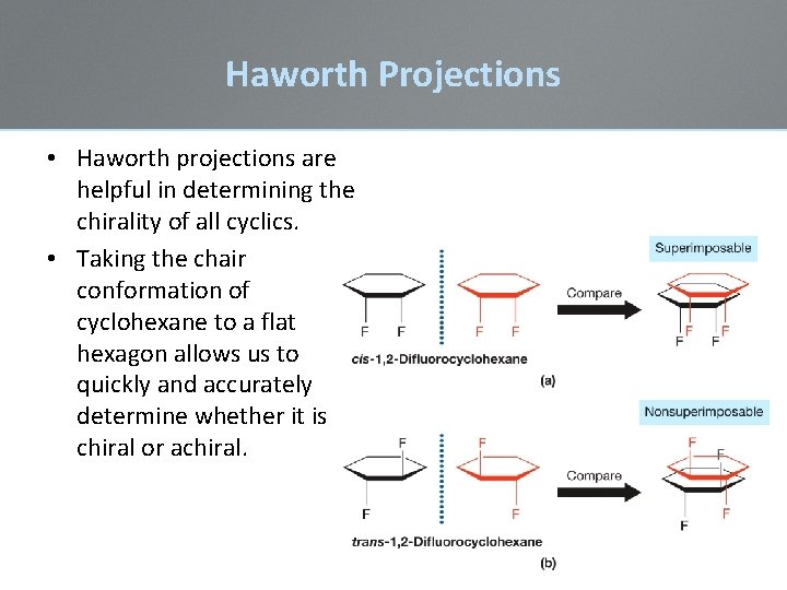 Haworth Projections • Haworth projections are helpful in determining the chirality of all cyclics. Haworth Projections • Haworth projections are helpful in determining the chirality of all cyclics.
