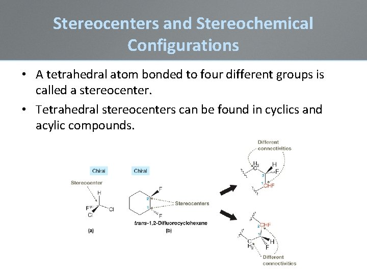 Stereocenters and Stereochemical Configurations • A tetrahedral atom bonded to four different groups is Stereocenters and Stereochemical Configurations • A tetrahedral atom bonded to four different groups is