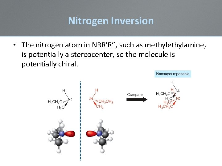 Nitrogen Inversion • The nitrogen atom in NRR’R”, such as methylamine, is potentially a Nitrogen Inversion • The nitrogen atom in NRR’R”, such as methylamine, is potentially a