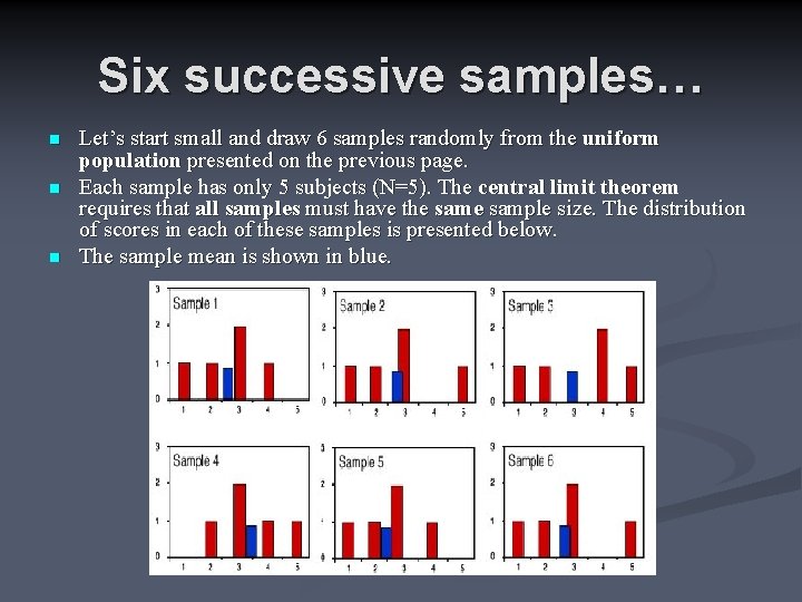 Six successive samples… n n n Let’s start small and draw 6 samples randomly