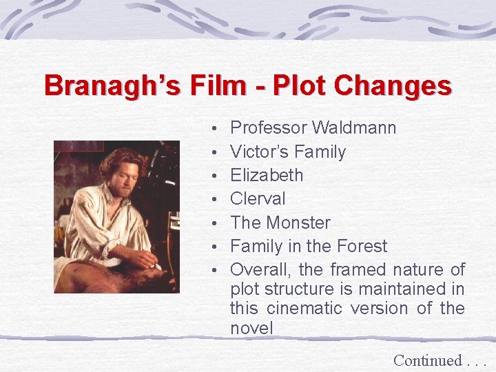 Branagh’s Film - Plot Changes • • Professor Waldmann Victor’s Family Elizabeth Clerval The