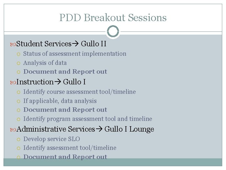 PDD Breakout Sessions Student Services Gullo II Status of assessment implementation Analysis of data