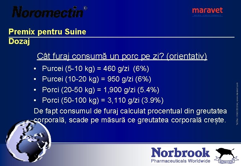 Premix pentru Suine Dozaj • Purcei (5 -10 kg) = 460 g/zi (6%) •