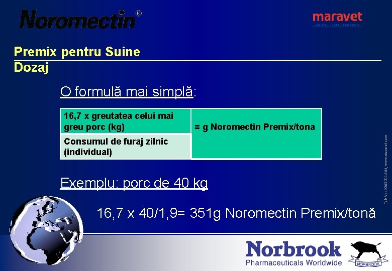 Premix pentru Suine Dozaj O formulă mai simplă: = g Noromectin Premix/tona Consumul de