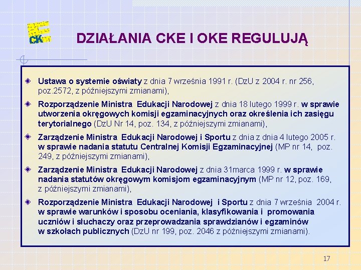 DZIAŁANIA CKE I OKE REGULUJĄ Ustawa o systemie oświaty z dnia 7 września 1991