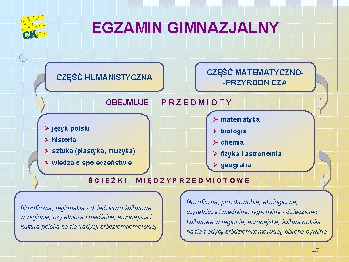 EGZAMIN GIMNAZJALNY CZĘŚĆ HUMANISTYCZNA CZĘŚĆ MATEMATYCZNO-PRZYRODNICZA OBEJMUJE P R Z E D M I