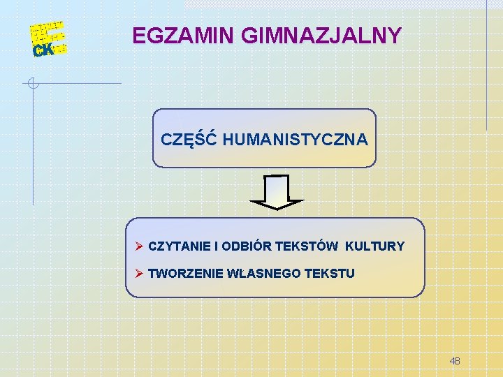 EGZAMIN GIMNAZJALNY CZĘŚĆ HUMANISTYCZNA Ø CZYTANIE I ODBIÓR TEKSTÓW KULTURY Ø TWORZENIE WŁASNEGO TEKSTU