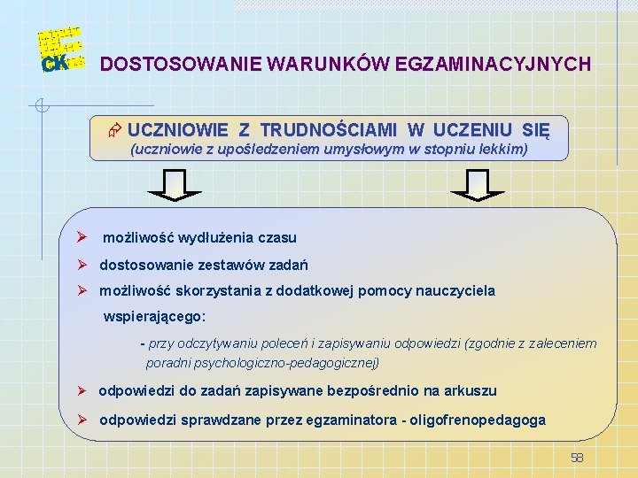 DOSTOSOWANIE WARUNKÓW EGZAMINACYJNYCH Æ UCZNIOWIE Z TRUDNOŚCIAMI W UCZENIU SIĘ (uczniowie z upośledzeniem umysłowym