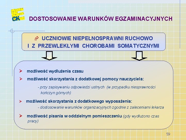 DOSTOSOWANIE WARUNKÓW EGZAMINACYJNYCH Æ UCZNIOWIE NIEPEŁNOSPRAWNI RUCHOWO I Z PRZEWLEKŁYMI CHOROBAMI SOMATYCZNYMI Ø możliwość