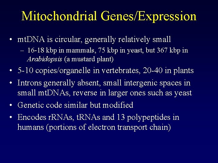 Mitochondrial Genes/Expression • mt. DNA is circular, generally relatively small – 16 -18 kbp Mitochondrial Genes/Expression • mt. DNA is circular, generally relatively small – 16 -18 kbp