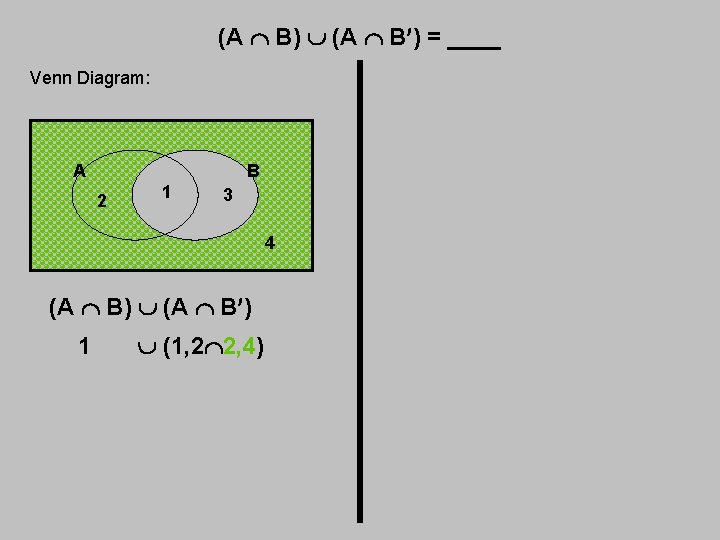 (A B) (A B ) = ____ Venn Diagram: A B 2 1 3