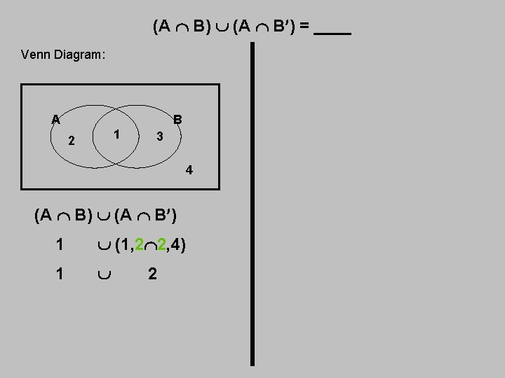 (A B) (A B ) = ____ Venn Diagram: A B 1 2 3