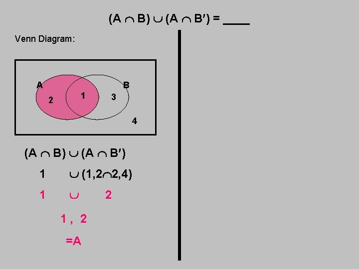 (A B) (A B ) = ____ Venn Diagram: A B 1 2 3