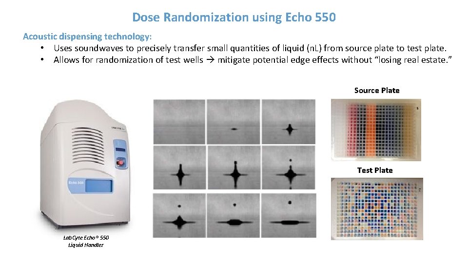 Dose Randomization using Echo 550 Acoustic dispensing technology: • Uses soundwaves to precisely transfer