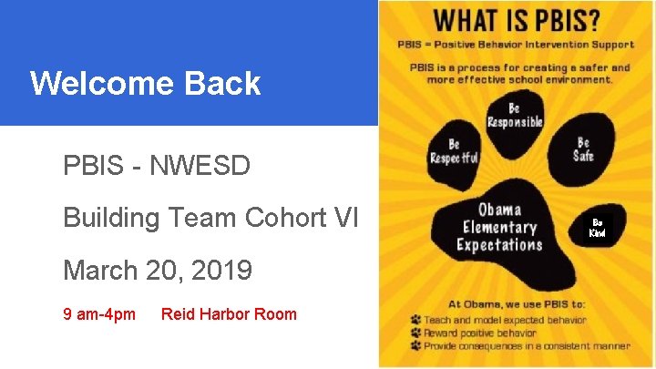 PBIS VI Welcome Back 3/20/2019 PBIS - NWESD Building Team Cohort VI March 20,